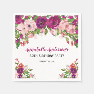 Serviette En Papier Anniversaire aquarelle rose violet floral élégant