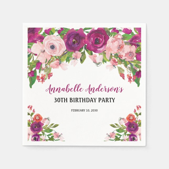 Serviette En Papier Anniversaire aquarelle rose violet floral élégant (Devant)