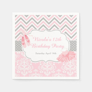 Serviette En Papier Anniversaire Ballerine Chevron Rose et Gris
