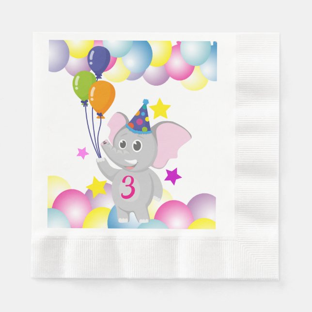 Serviette En Papier Anniversaire Bébé éléphant avec ballons (Devant)