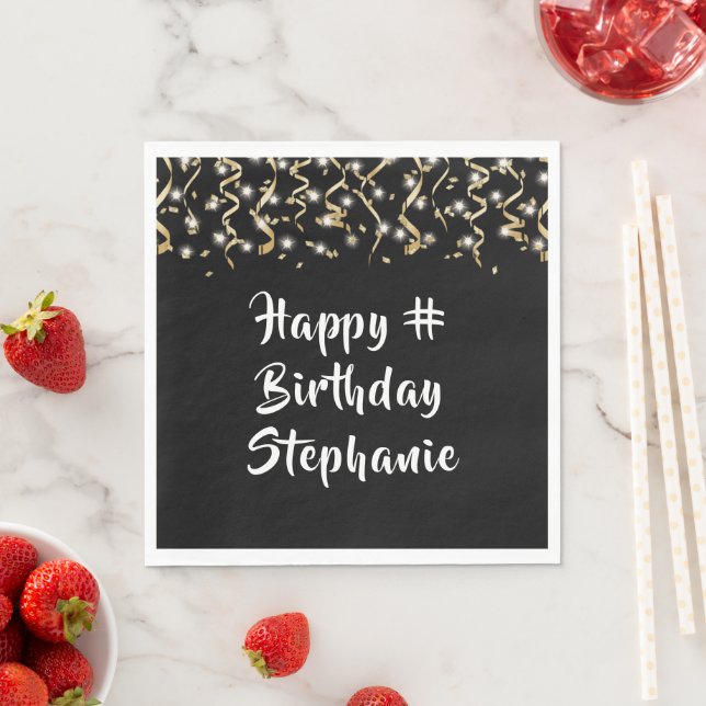 Serviette En Papier Anniversaire Black Gold Confetti Streamers Texte P (En situation)