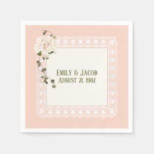 Serviette En Papier Anniversaire Blanc Dentelle Sur Rose Pêche