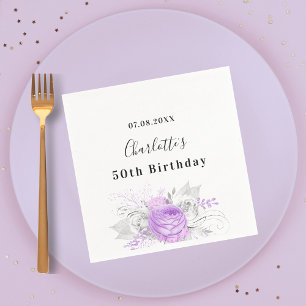 Serviette En Papier Anniversaire blanc violet fleurs argent