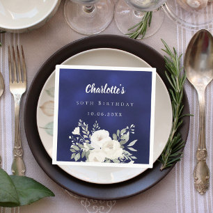 Serviette En Papier Anniversaire bleu marine floral blanc rose