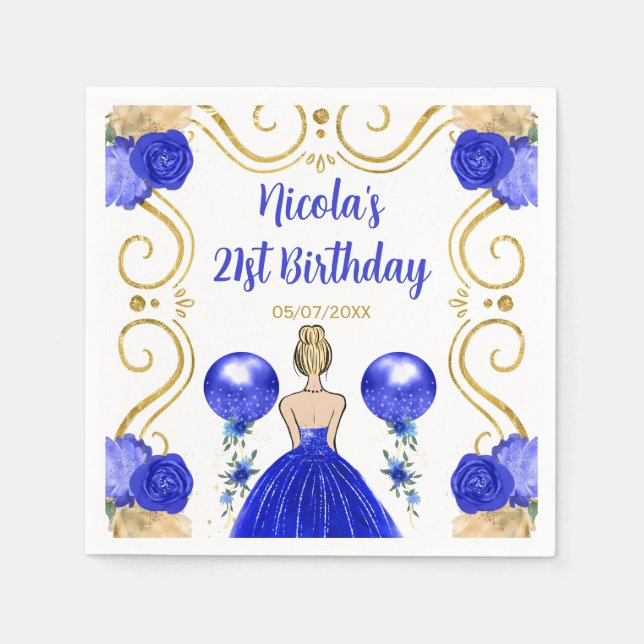 Serviette En Papier Anniversaire Blonde Princesse en bleu (Devant)