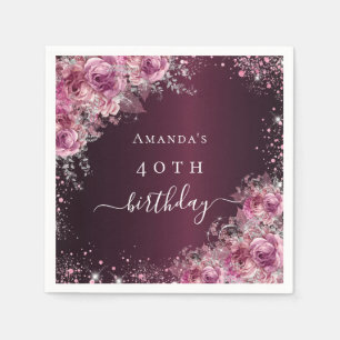 Serviette En Papier Anniversaire Bourgogne rose fleurs nom script