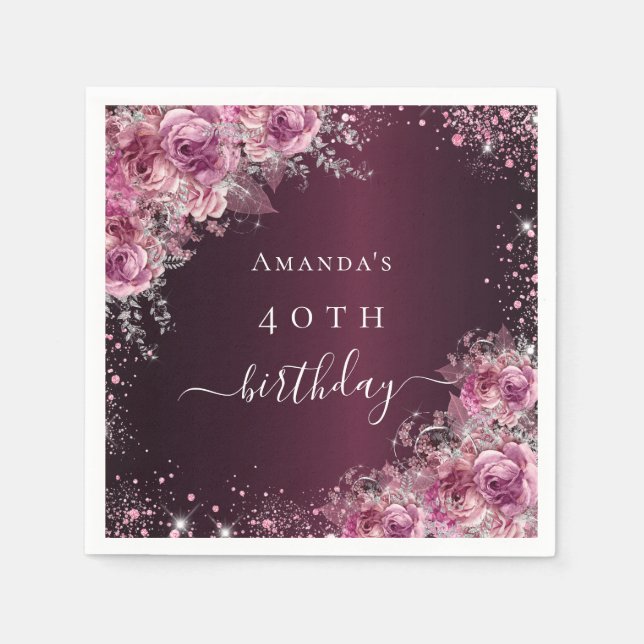 Serviette En Papier Anniversaire Bourgogne rose fleurs nom script (Devant)