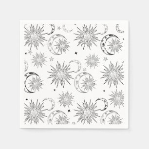 Serviette En Papier Anniversaire céleste soleil fantaisiste noir et bl