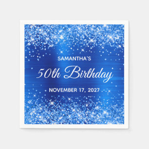 Serviette En Papier Anniversaire de 50 ans en paillettes de bleu royal