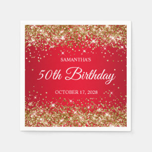 Serviette En Papier Anniversaire de 50 ans or pailleté et rouge