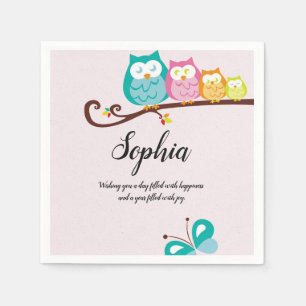 Serviette En Papier anniversaire de chouette et papillon