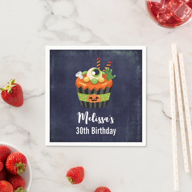 Serviette En Papier Anniversaire de Cupcake d'Halloween mignonne et Dé (En situation)