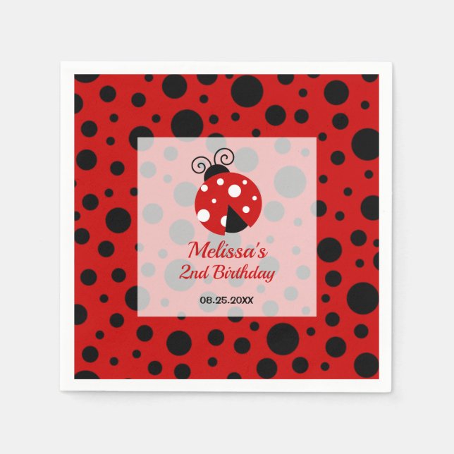 Serviette En Papier Anniversaire de enfant Pois Ladybug Red Black Fram (Devant)
