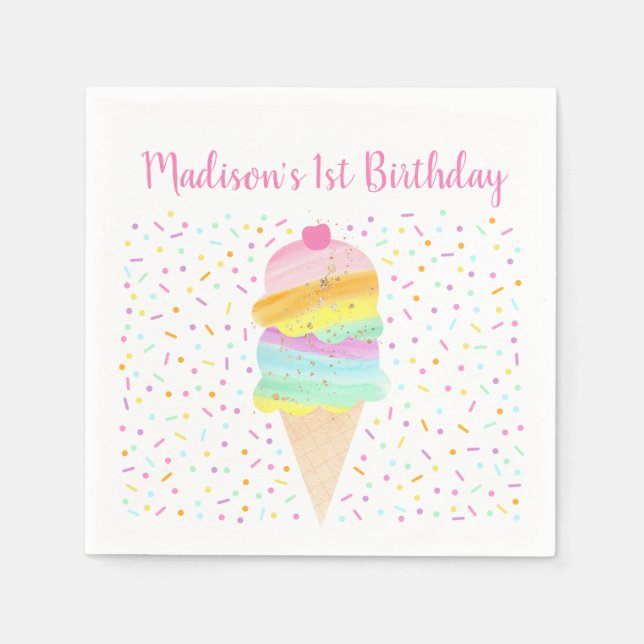 Serviette En Papier Anniversaire de la crème glacée arc-en-ciel mignon (Devant)