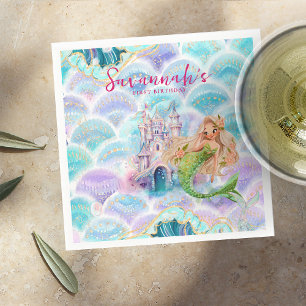 Serviette En Papier Anniversaire de Sirène Paillettes Aquarelle