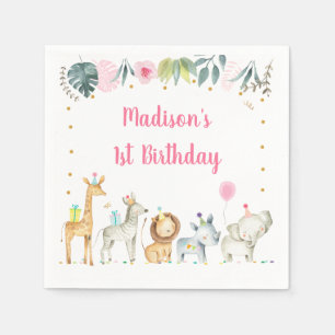 Serviette En Papier Anniversaire des animaux de la jungle rose