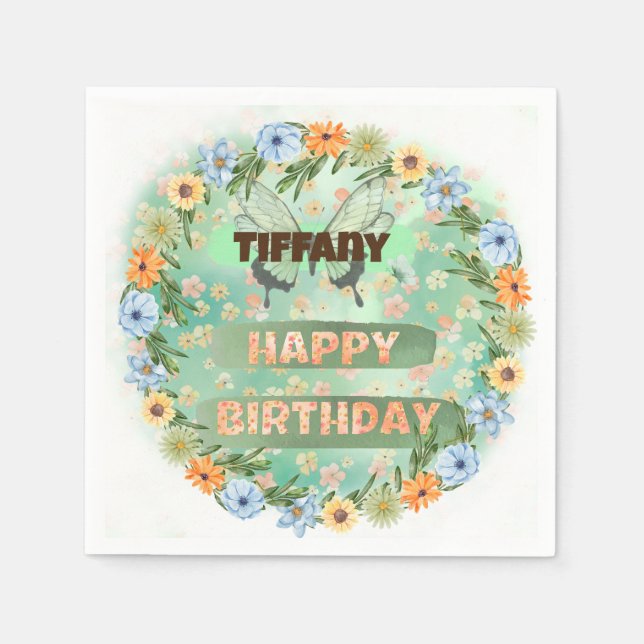 Serviette En Papier Anniversaire des fleurs et des papillons (Devant)