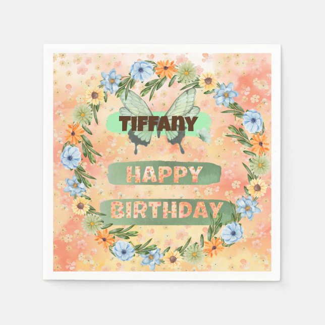 Serviette En Papier Anniversaire des fleurs et des papillons (Devant)