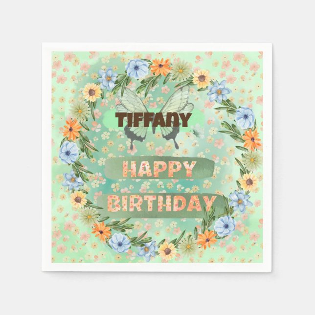 Serviette En Papier Anniversaire des fleurs et des papillons (Devant)
