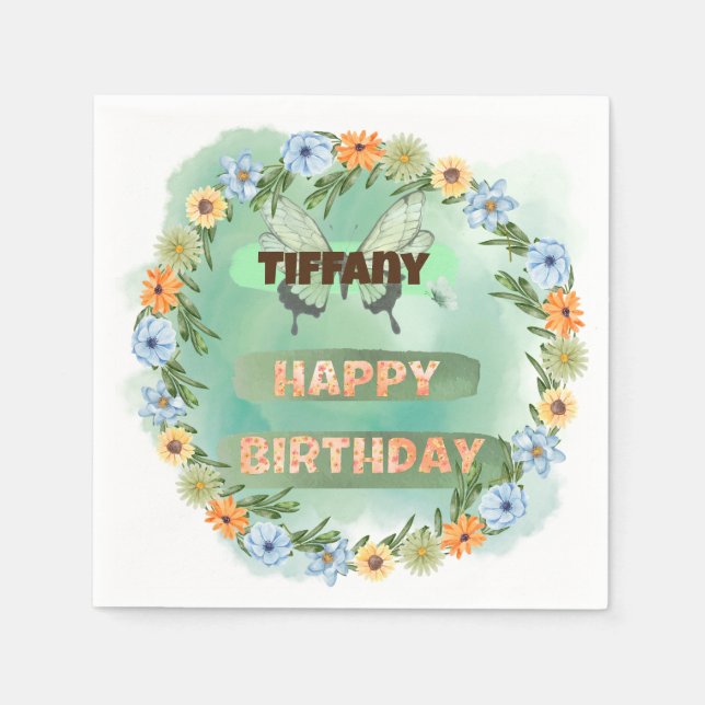 Serviette En Papier Anniversaire des fleurs et des papillons (Devant)