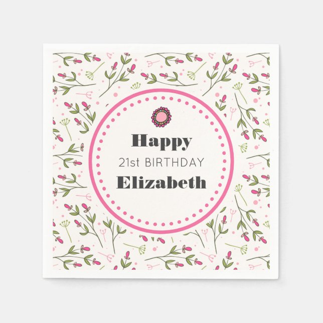 Serviette En Papier Anniversaire des Fleurs sauvages roses et verts (Devant)