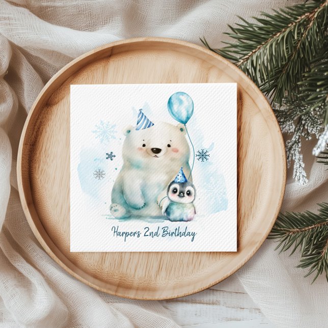 Serviette En Papier Anniversaire d'hiver des ours pingouins et polaire (Get ready to turn up the coolness at your little cub's winter birthday party with this design.)