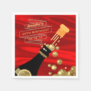 Serviette En Papier Anniversaire élégant de Champagne de noir rouge