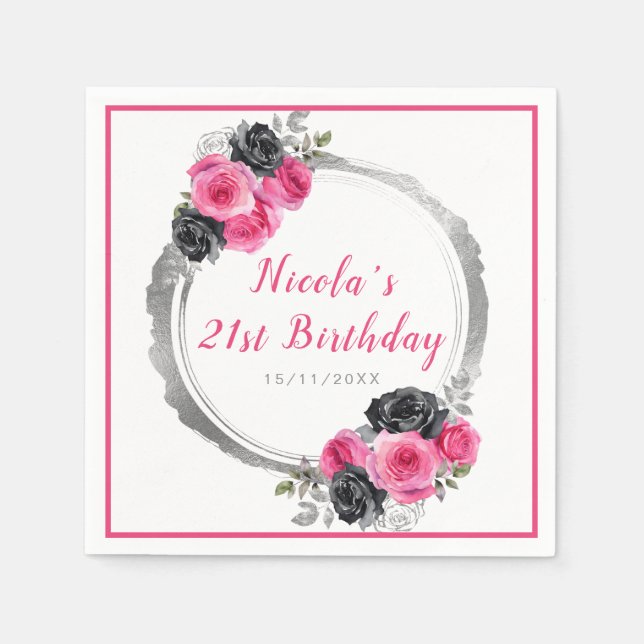 Serviette En Papier Anniversaire élégant rose et argent chaud (Devant)