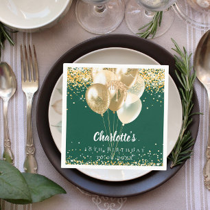 Serviette En Papier Anniversaire émeraude vert ballons d'or confetti