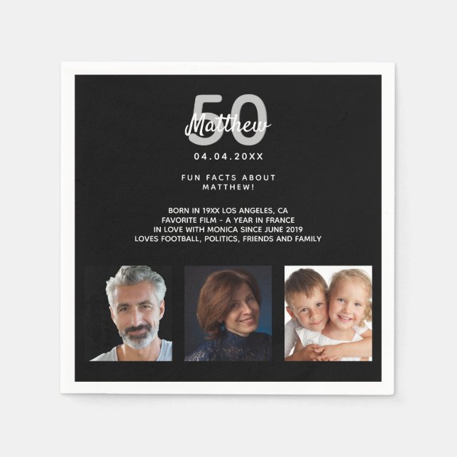 Serviette En Papier Anniversaire fête photo fun faits noir blanc (Devant)