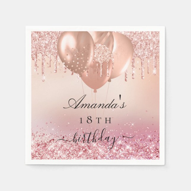Serviette En Papier Anniversaire fête rose or blush ballons nom (Devant)