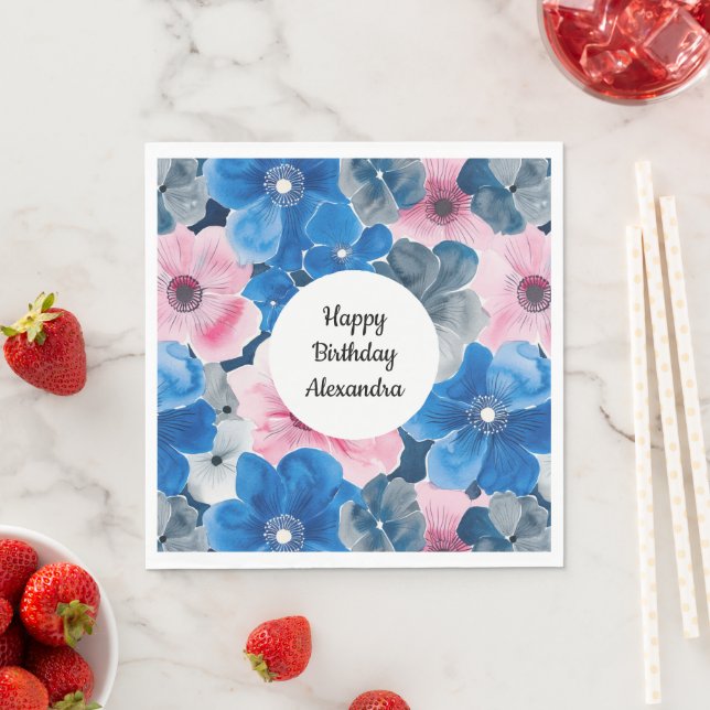Serviette En Papier Anniversaire Fleurie Rose Bleu Élégant (En situation)