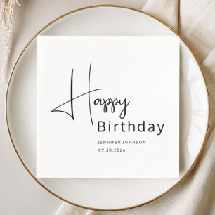 Serviette En Papier Anniversaire Moderne Écriture Noir & Blanc