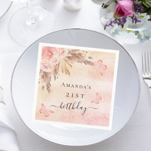 Serviette En Papier Anniversaire pampas herbe rose papillons d'or