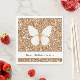 Serviette En Papier Anniversaire Papillon Blanc Paillettes Faux Or