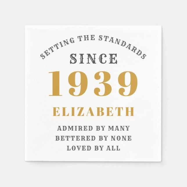 Serviette En Papier Anniversaire personnalisé 1939 Gold Grey Élégant C (Devant)