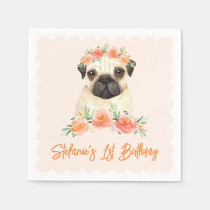 Serviette En Papier Anniversaire Pug et Fleurs de Pêche Aquarelle