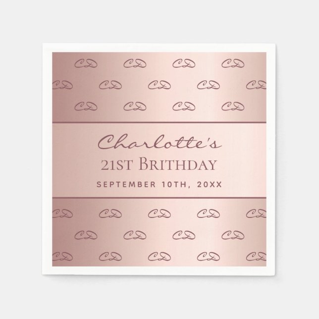 Serviette En Papier Anniversaire rose or monogramme initiales script (Devant)