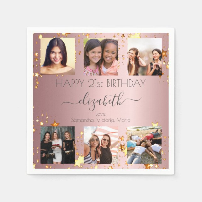 Serviette En Papier Anniversaire rose personnalisé photo collages amis (Devant)