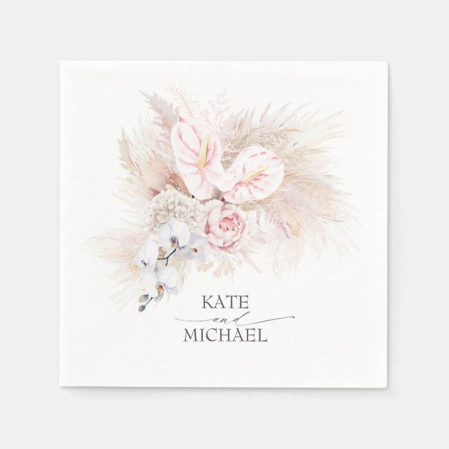 Serviette En Papier Anthuriums Pampas Grass Rose Élégant Tropical (Devant)