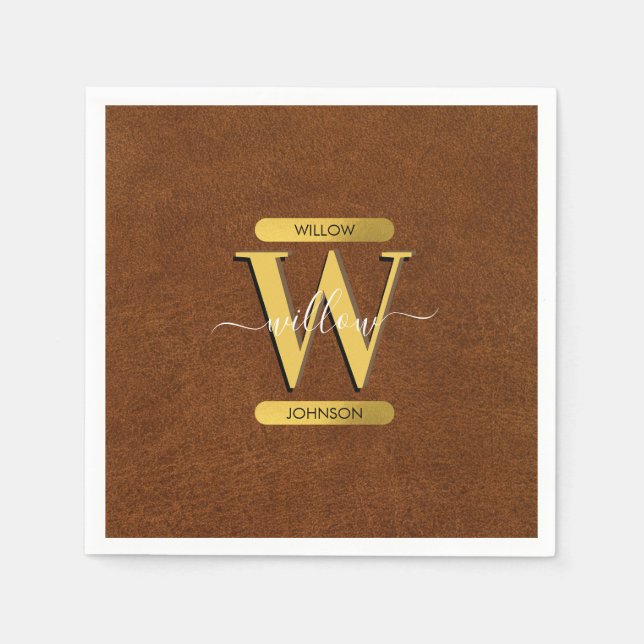 Serviette En Papier Antique Faux Cuir & Or Monogramme (Devant)