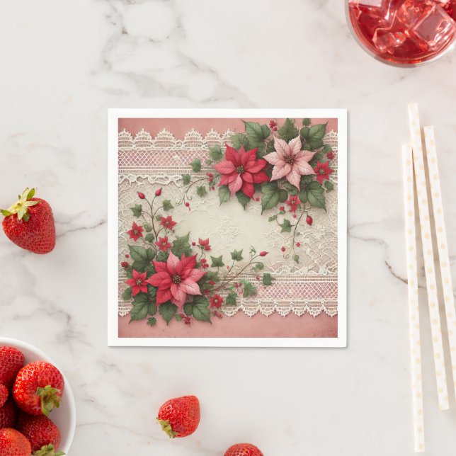 Serviette En Papier Antique Lace Floral Poinsettia Border Découpage (En situation)