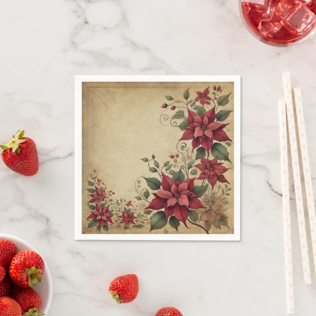 Serviette En Papier Antique Parchment Poinsettia Border Découpage (En situation)