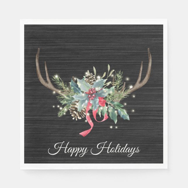 Serviette En Papier Antler de cerf de Noël avec lumières sur bois (Devant)