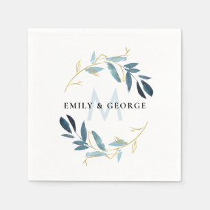 SERVIETTE EN PAPIER AQUA BLUE GOLD FOLIAGE WREATH MONOGRAS MARIAGE