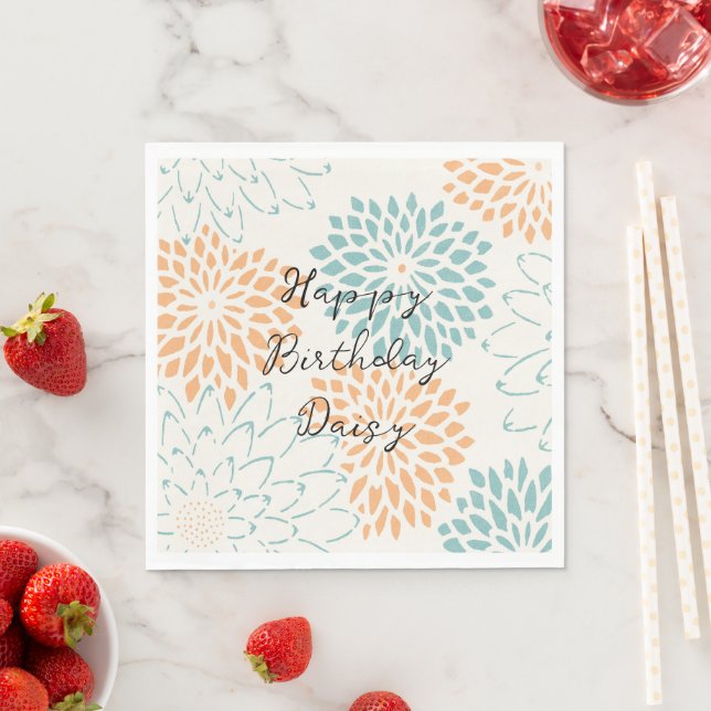 Serviette En Papier Aqua Blue Peach White Floral Anniversaire (En situation)