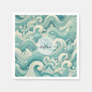 Serviette En Papier Aqua Blue & White Wave Abstraite - Art moderne Flu