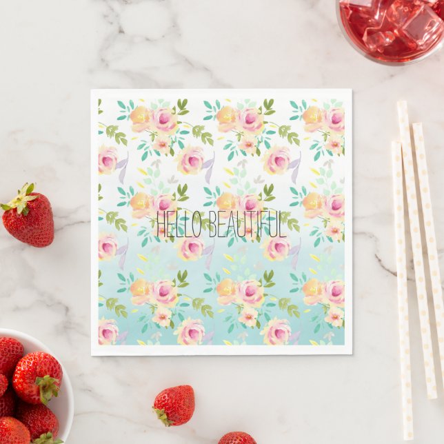 Serviette En Papier Aqua Ombre rose jaune floral (En situation)