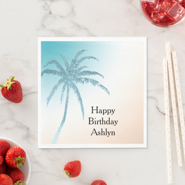 Serviette En Papier Aqua Peach White Palm Tree Anniversaire (En situation)