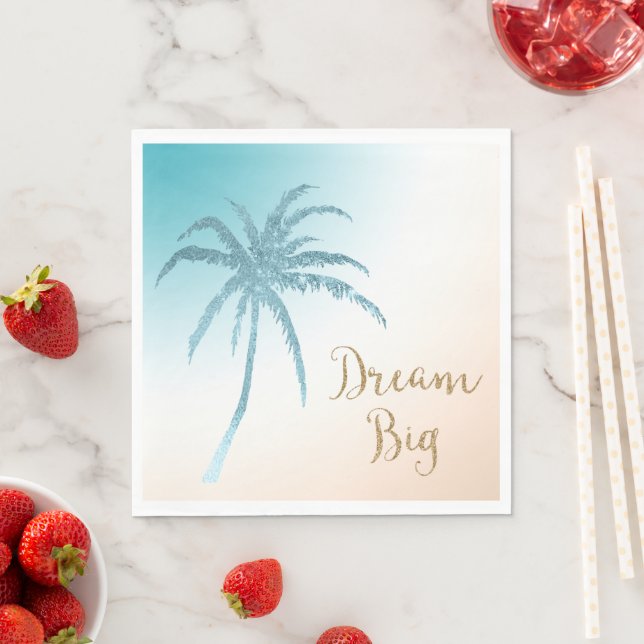 Serviette En Papier Aqua Peach White Palm Tree Gold Dream (En situation)